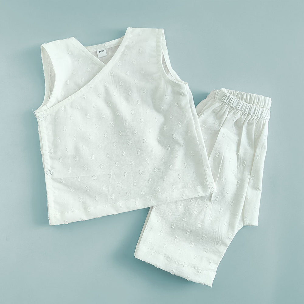 Kimono Wrap Style Solid Textured Baby Jabla Set - White