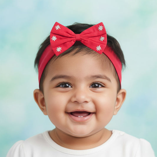 Keebee Organic Cotton Red Embroidered Classic Bow Headband - Snowflakes