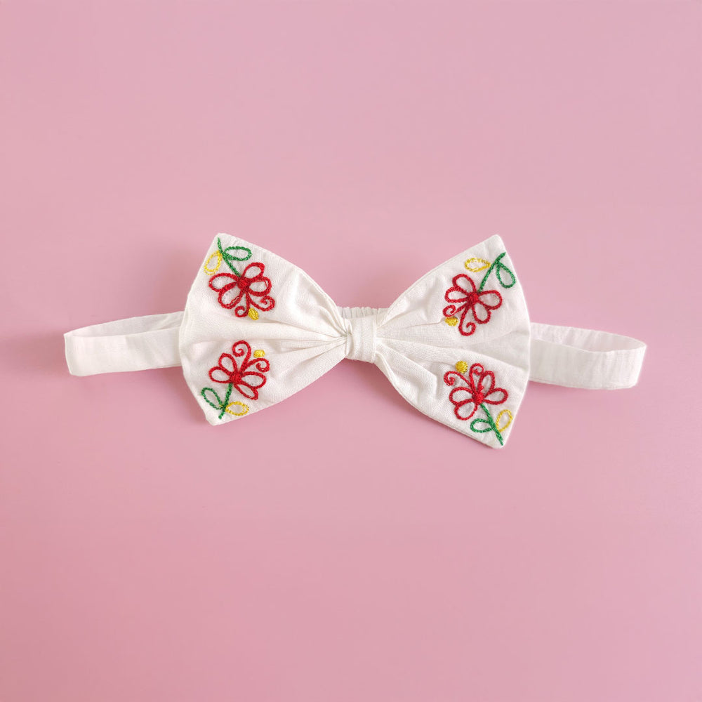 Girls Embroidered White Classic Bow Headband - Sunny Garden