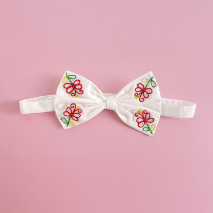 White Embroidered Classic Bow Headband - Sunny Garden