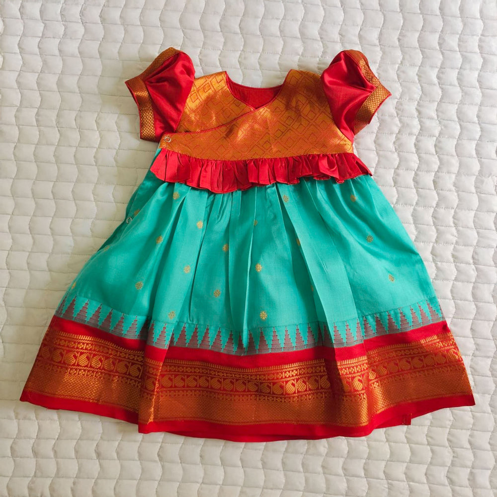 Baby Girl Handloom Raw Silk Ethnic Maxi Dress and Accessories Set - Red and Green