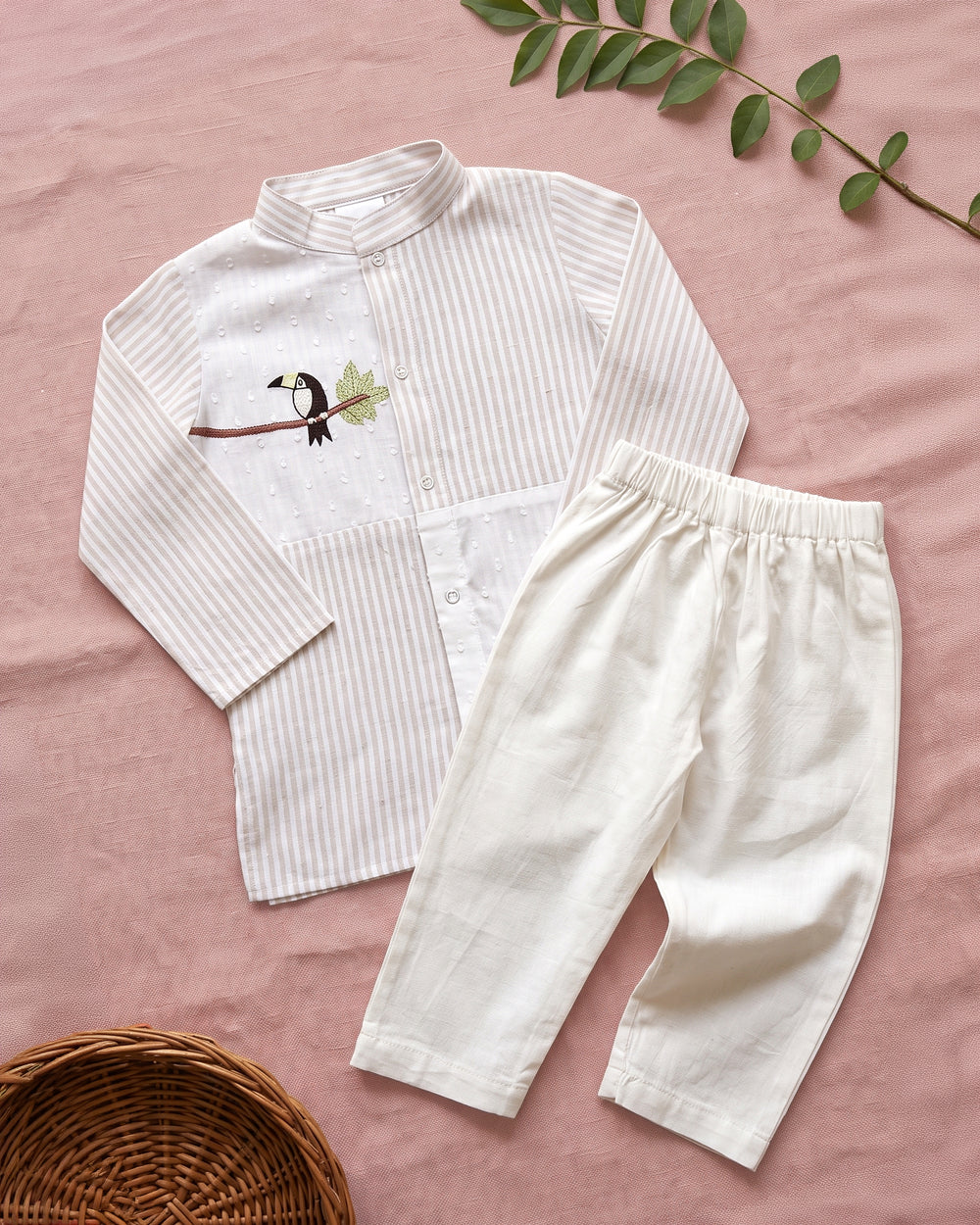 Boys Beige and White Embroidered Kurta and Pajama Pants Set - Toucan