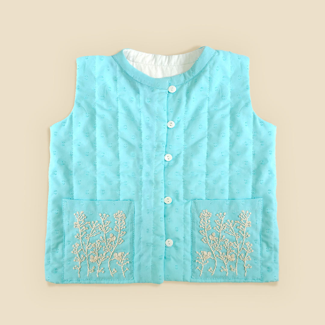 Keebee Organic Cotton Embroidered Turquoise Blue Quilted Vest with Pockets - Frosty Plants
