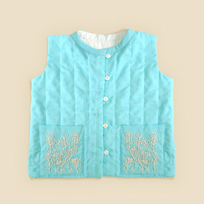 Embroidered Turquoise Blue Quilted Vest with Pockets - Frosty Plants