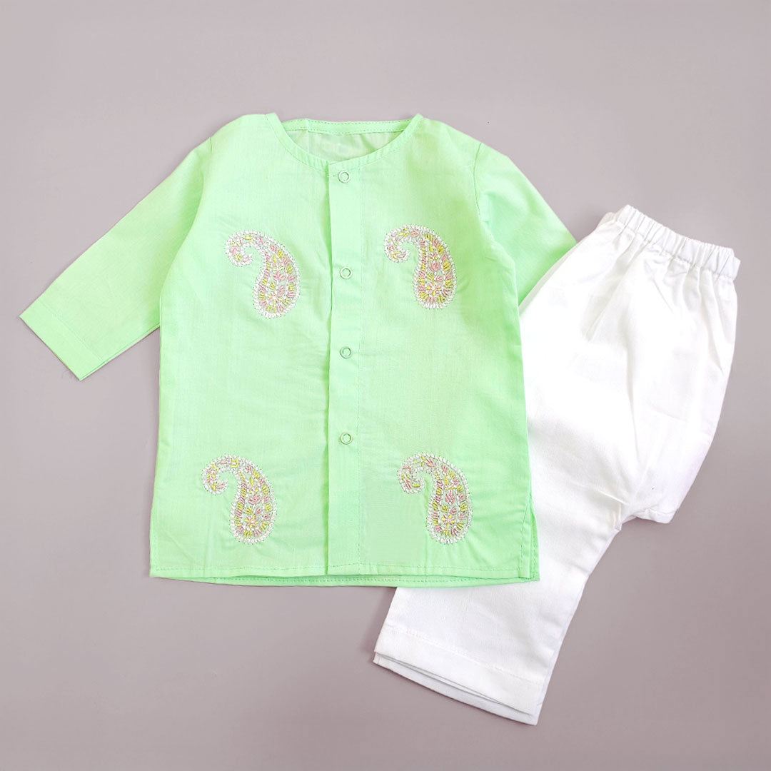Keebee Organic Cotton Embroidered Mint Green Newborn Kurta & Diaper Pant Set – Paisley