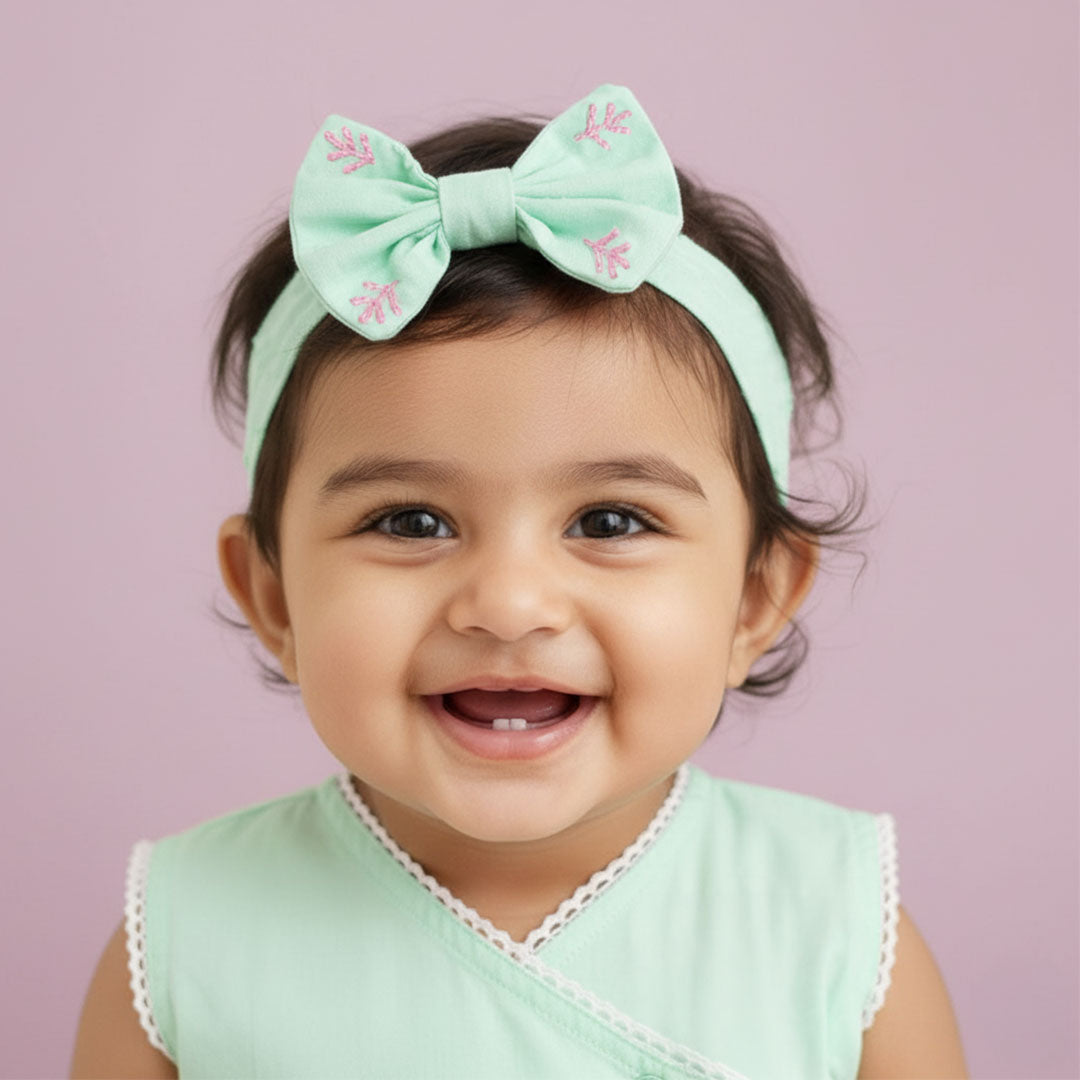Keebee Organic Cotton Mint Green Embroidered Classic Bow Headband - Pink Petals