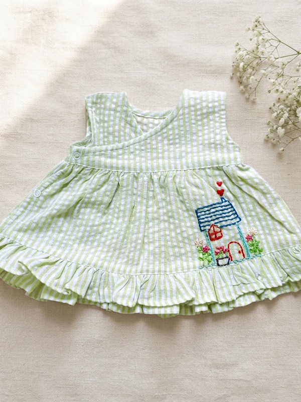 Newborn Baby Girl Embroidered Lime Green and White Wrap Dress - Home Sweet Home
