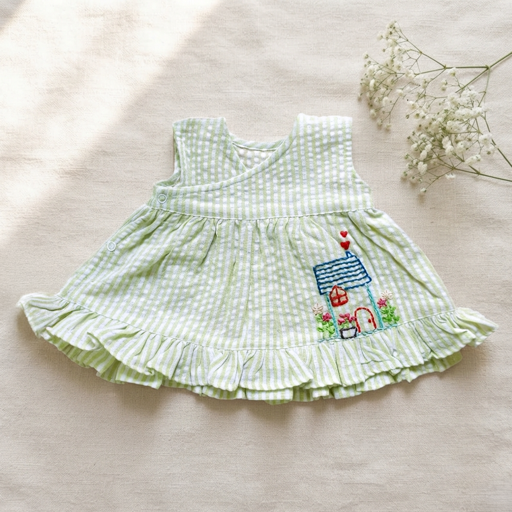 Newborn Baby Girl Embroidered Lime Green and White Wrap Dress - Home Sweet Home