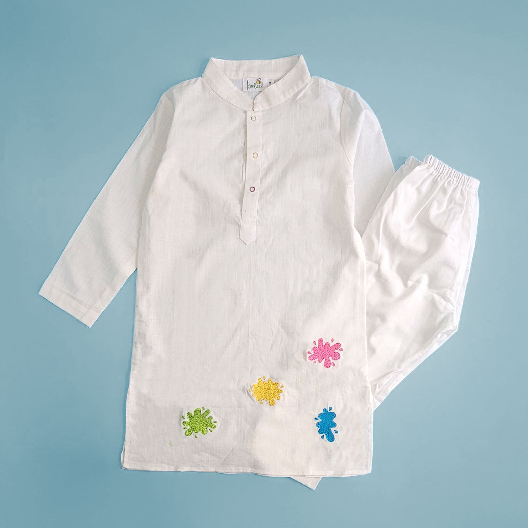 Keebee Organic Cotton White Embroidered Kurta paired with Pajama Pants -Splash of Colors