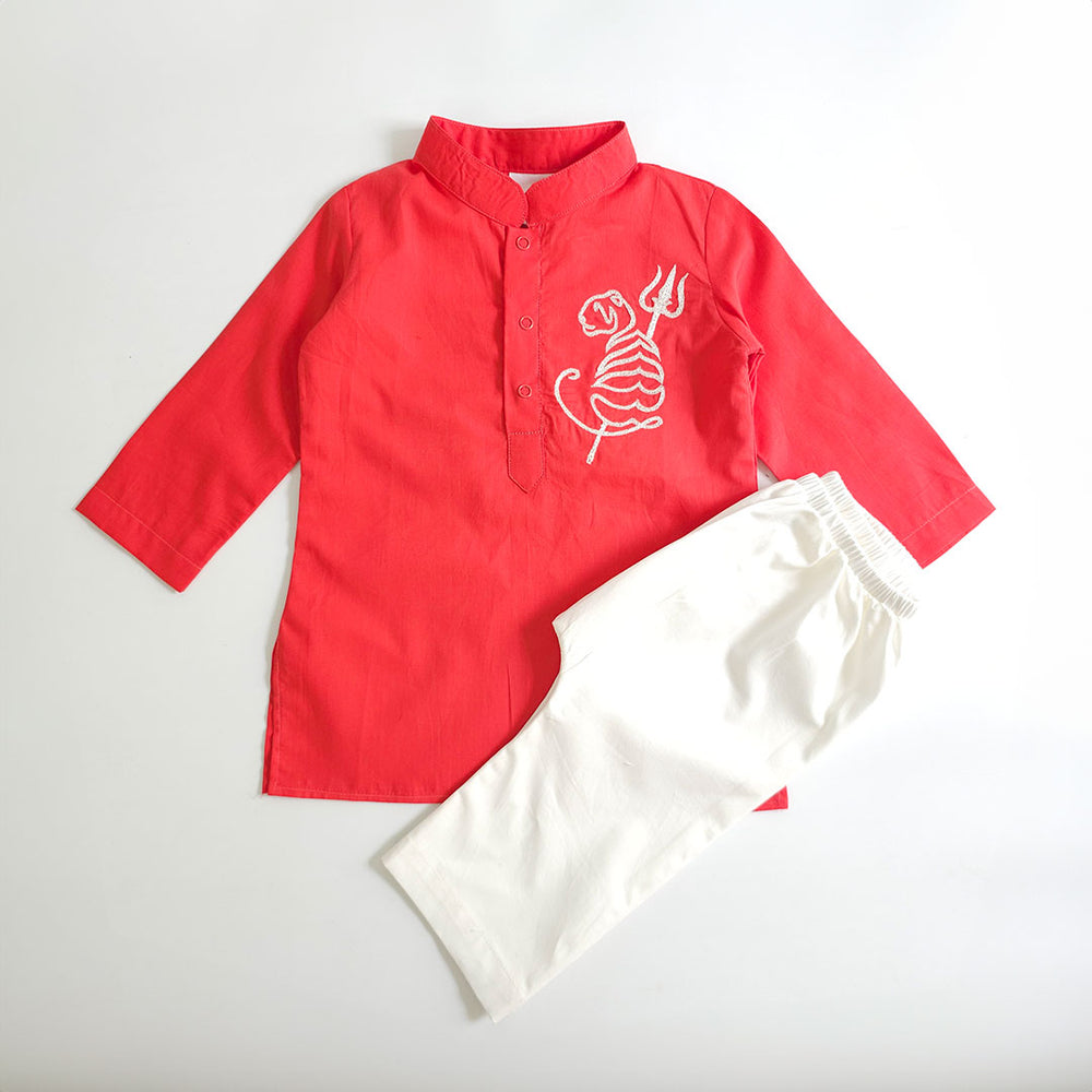 Baby Boy Embroidered Red Kurta paired with Pajama Pants - Tiger