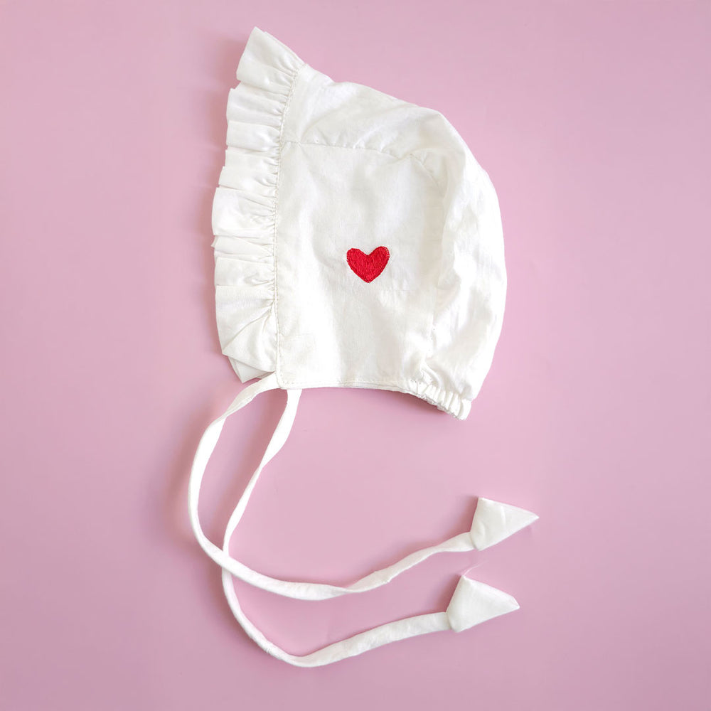 Embroidered White Ruffled Baby Bonnet - Heart
