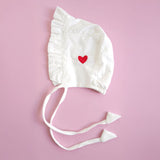 Embroidered White Ruffled Baby Bonnet - Heart