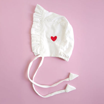 Embroidered White Ruffled Baby Bonnet - Heart