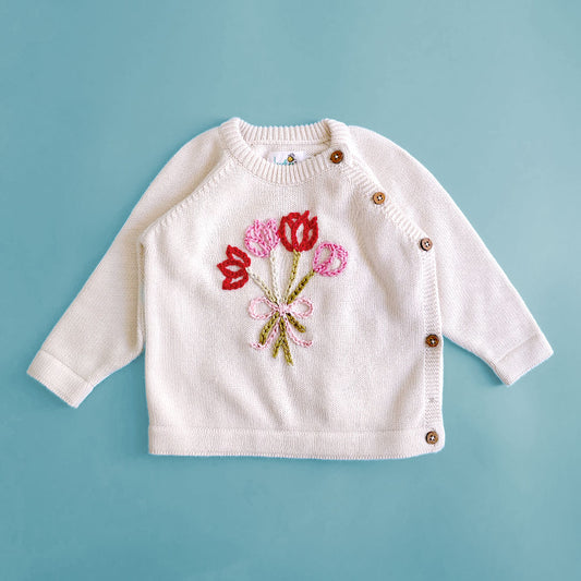 Keebee Organic Cotton Embroidered White Sweater - Tulip Bouquet