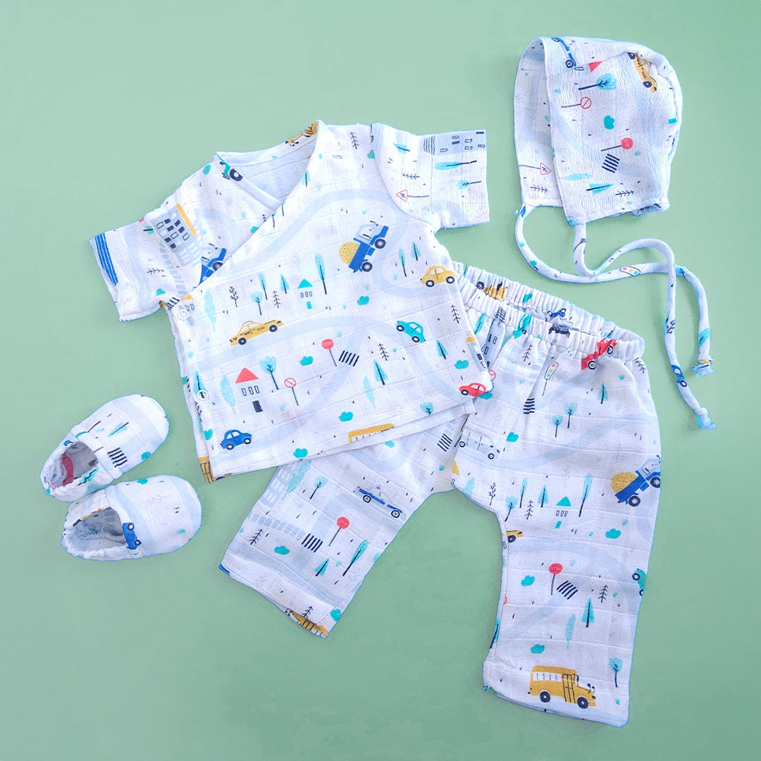 Keebee Organic Cotton Muslin Printed White Jabla, Diaper Pants and Accessories Set - Tiny Town