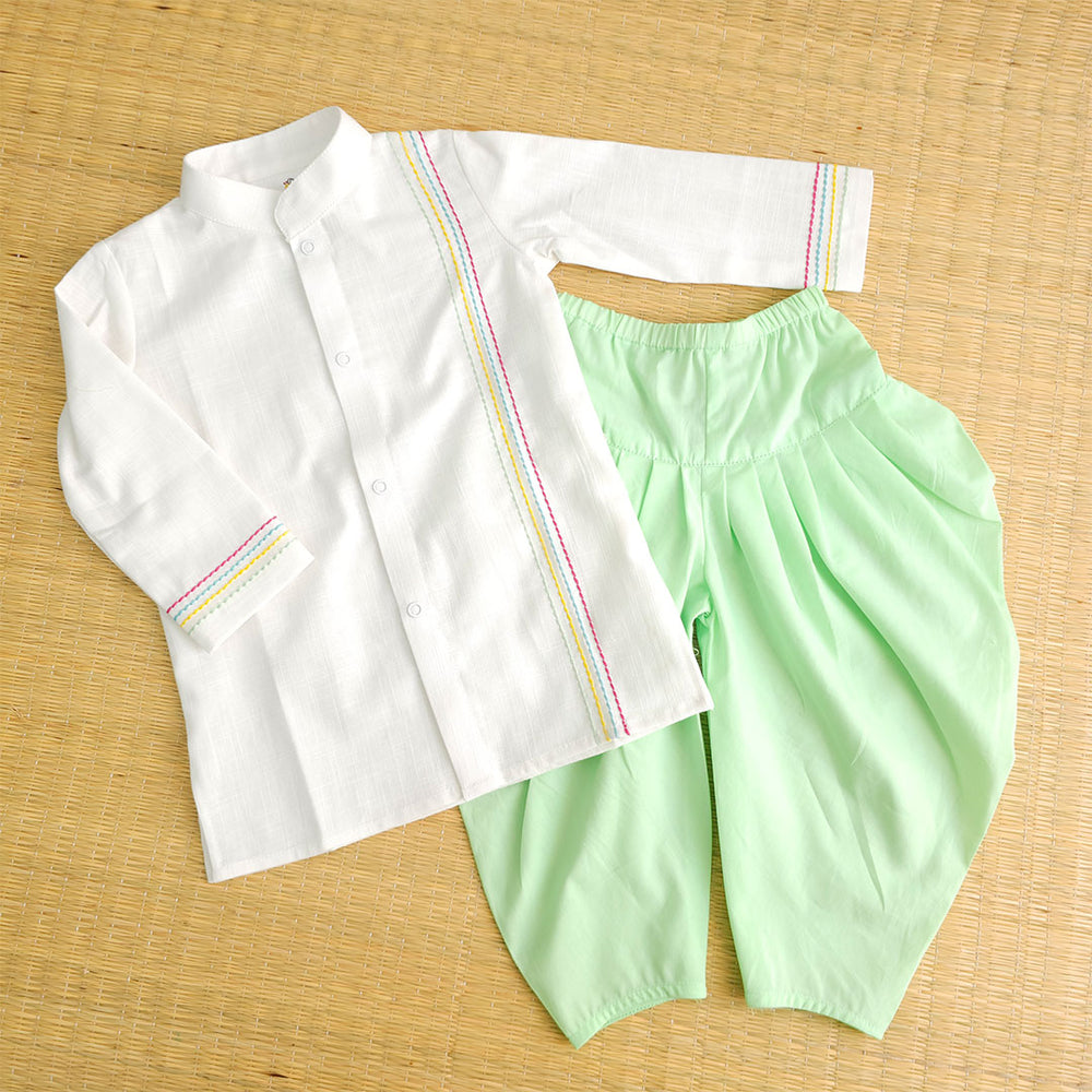Baby Boy Embroidered White Kurta paired with Green Patiala Pants - Stripes