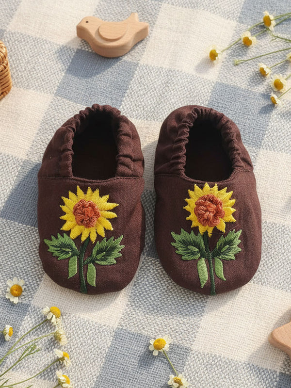 Choco Brown Embroidered Baby Shoes - Sunflowers