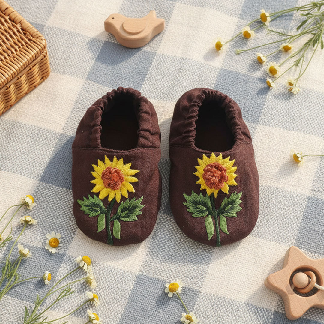 Keebee Organic Cotton Choco Brown Embroidered Baby Shoes - Sunflowers