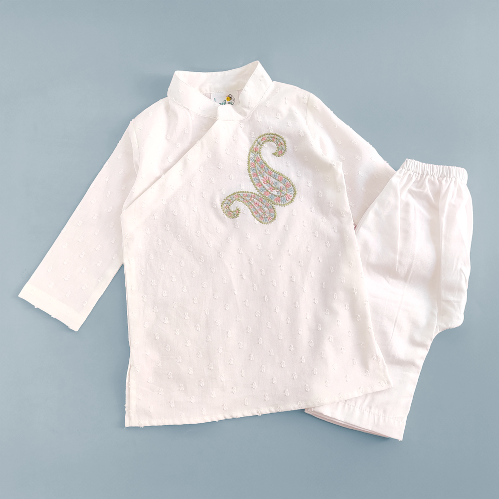 Boys Embroidered White Kurta paired with Pajama Pants - Paisley