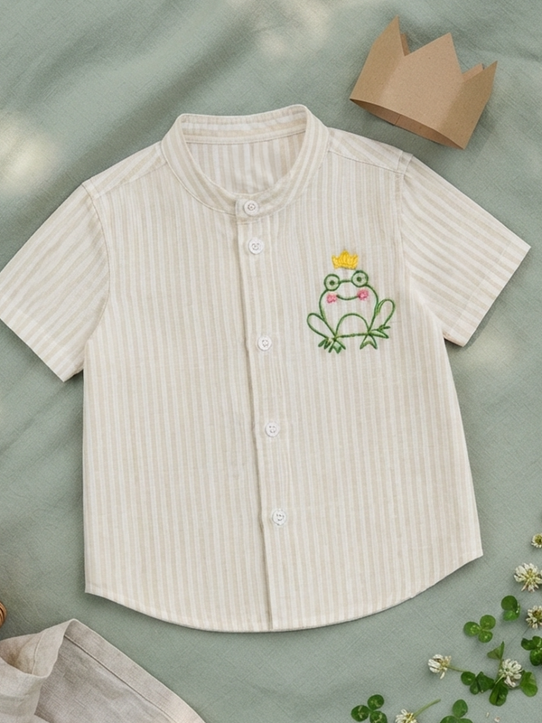 Boys Embroidered Beige and White Shirt - Frog the Prince