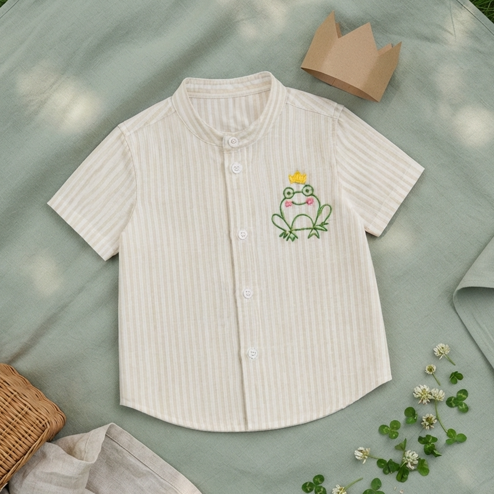 Boys Embroidered Beige and White Shirt - Frog the Prince