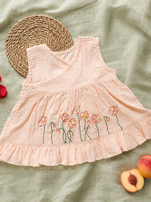 Newborn Baby Girl Embroidered Sweet Peach Wrap Dress - Poppy Field