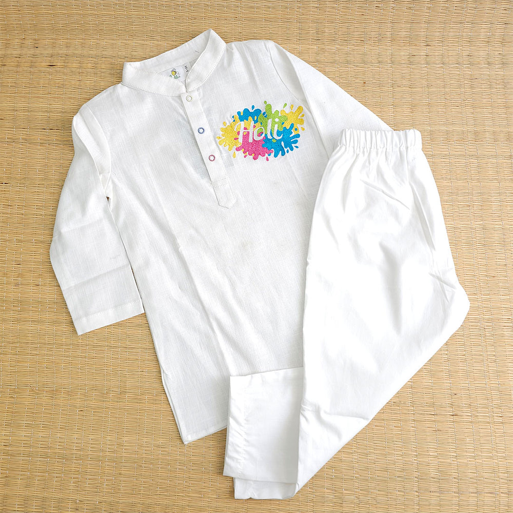 Boys Embroidered White Kurta paired with Pajama Pants - 'Holi'