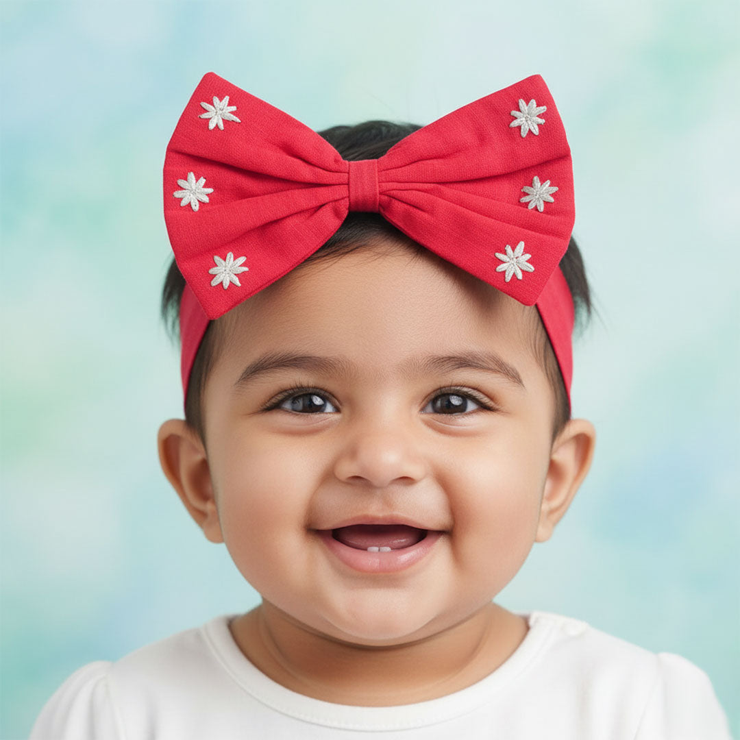 Keebee Organic Cotton Red Embroidered Classic Bow Headband - Snowflakes