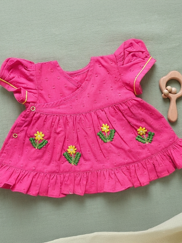Newborn Baby Girl Embroidered Hot Pink Wrap Dress with Puffed Sleeves - Yellow Bloom