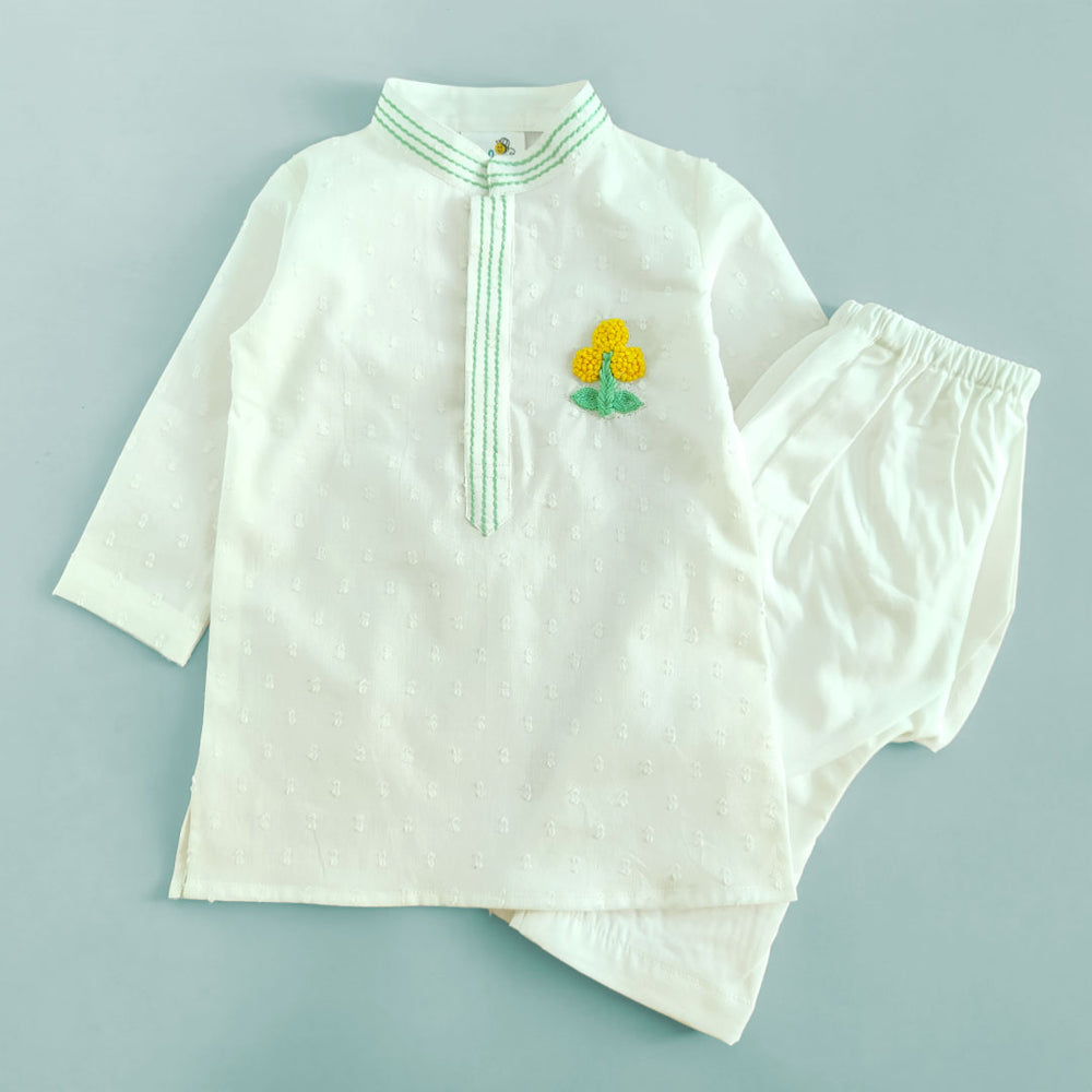 Boys Embroidered White Kurta paired with Pajama Pants - Marigold