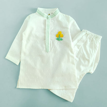 Embroidered White Kurta paired with Pajama Pants - Marigold
