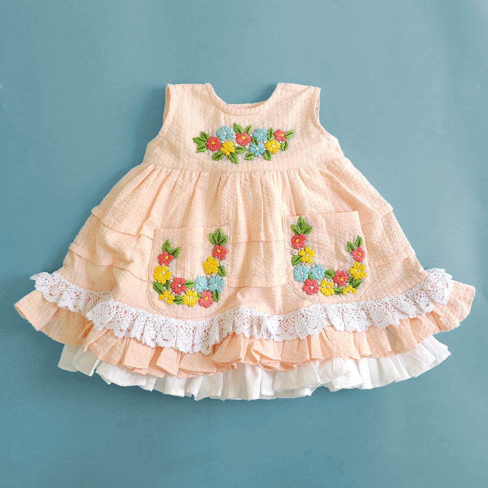Keebee Organic Cotton Hand Embroidered Peach Baby Girl Peony Dress