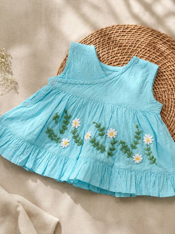 Newborn Baby Girl Embroidered Turquoise Blue Wrap Dress - White Flowers