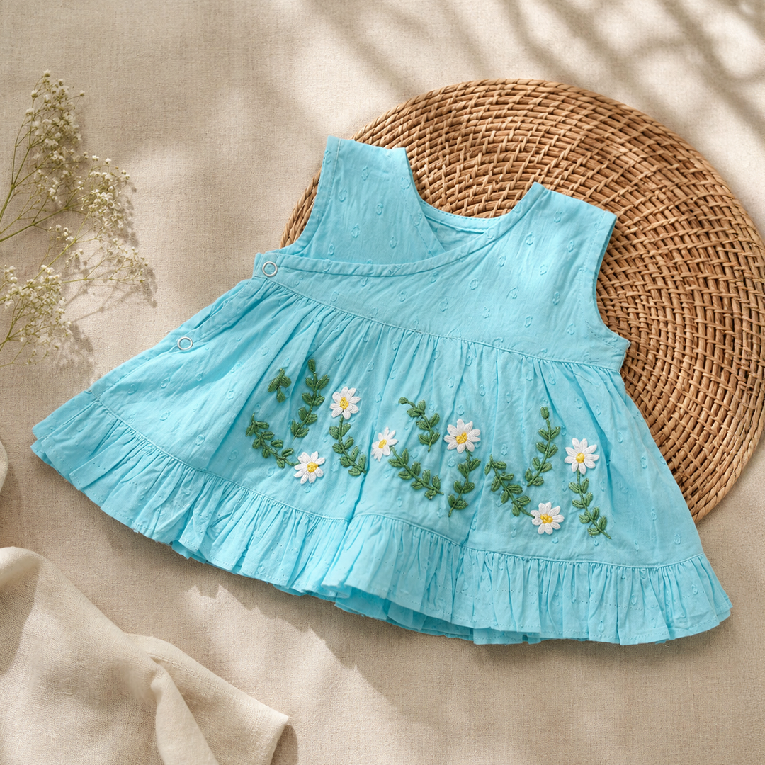 Newborn Baby Girl Embroidered Turquoise Blue Wrap Dress - White Flowers