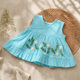 Newborn Baby Girl Embroidered Turquoise Blue Wrap Dress - White Flowers