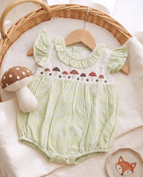 Baby Girl Embroidered Green and White Romper with Flutter Sleeves - Mushrooms