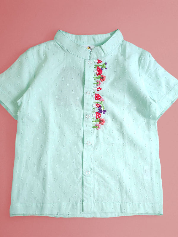 Aqua Embroidered Shirt with Putta Texture - Mushrooms