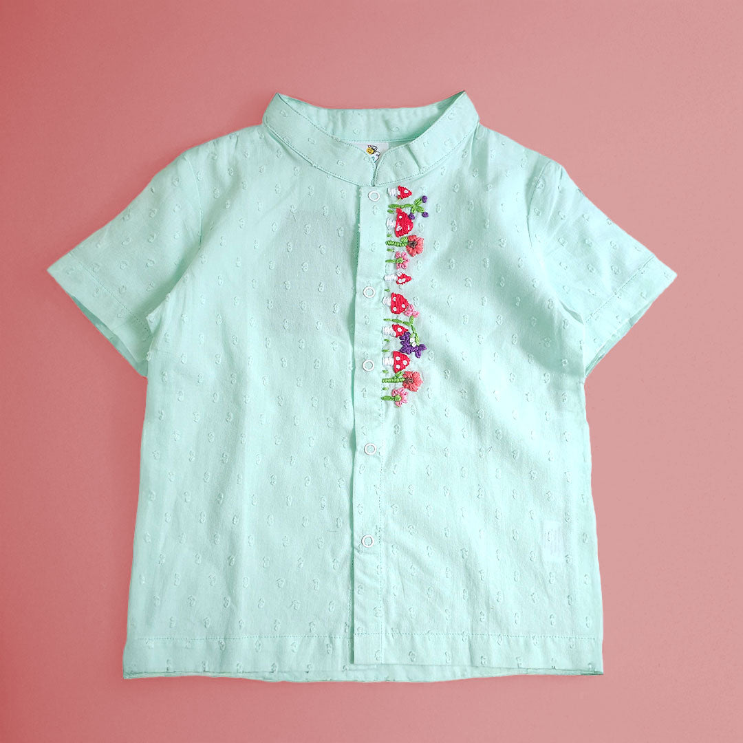 Keebee Organic Cotton Aqua Embroidered Shirt with Putta Texture - Mushrooms