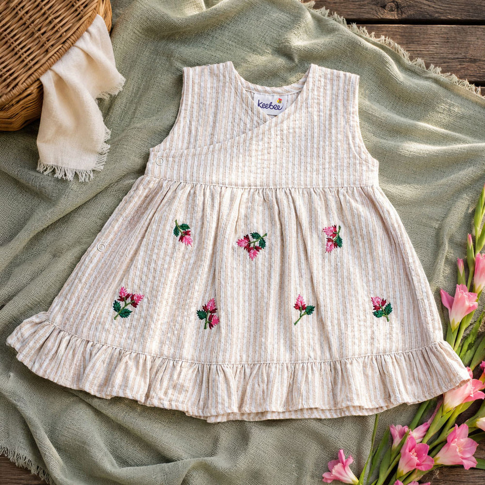 Baby Girl Embroidered Beige and White Wrap Dress and Accessories Set - Pink Bloom