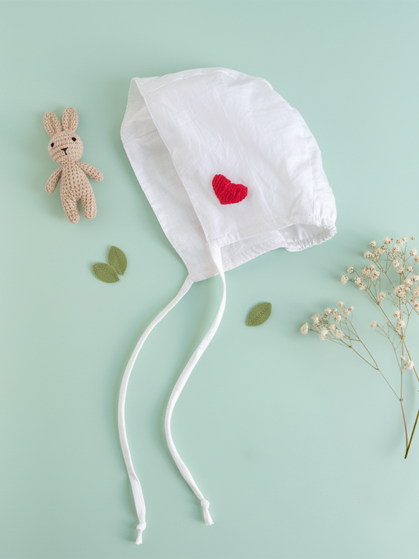 White Embroidered Baby Bonnet - Red Heart