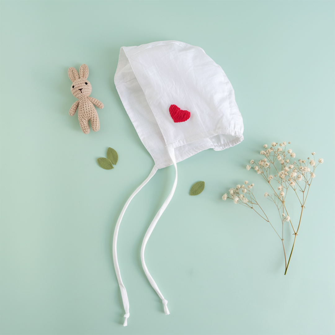 White Embroidered Baby Bonnet - Red Heart