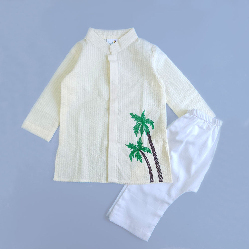 Boys Embroidered Yellow Kurta paired with Pajama Pants - Palm Trees