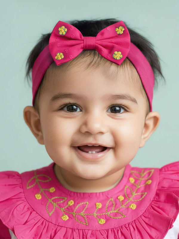 Hot Pink Embroidered Classic Bow Girls Headband - Garland of Flowers