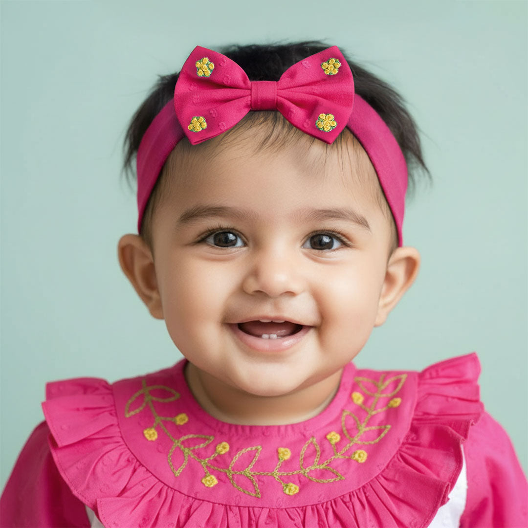 Hot Pink Embroidered Classic Bow Girls Headband - Garland of Flowers