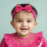 Hot Pink Embroidered Classic Bow Girls Headband - Garland of Flowers