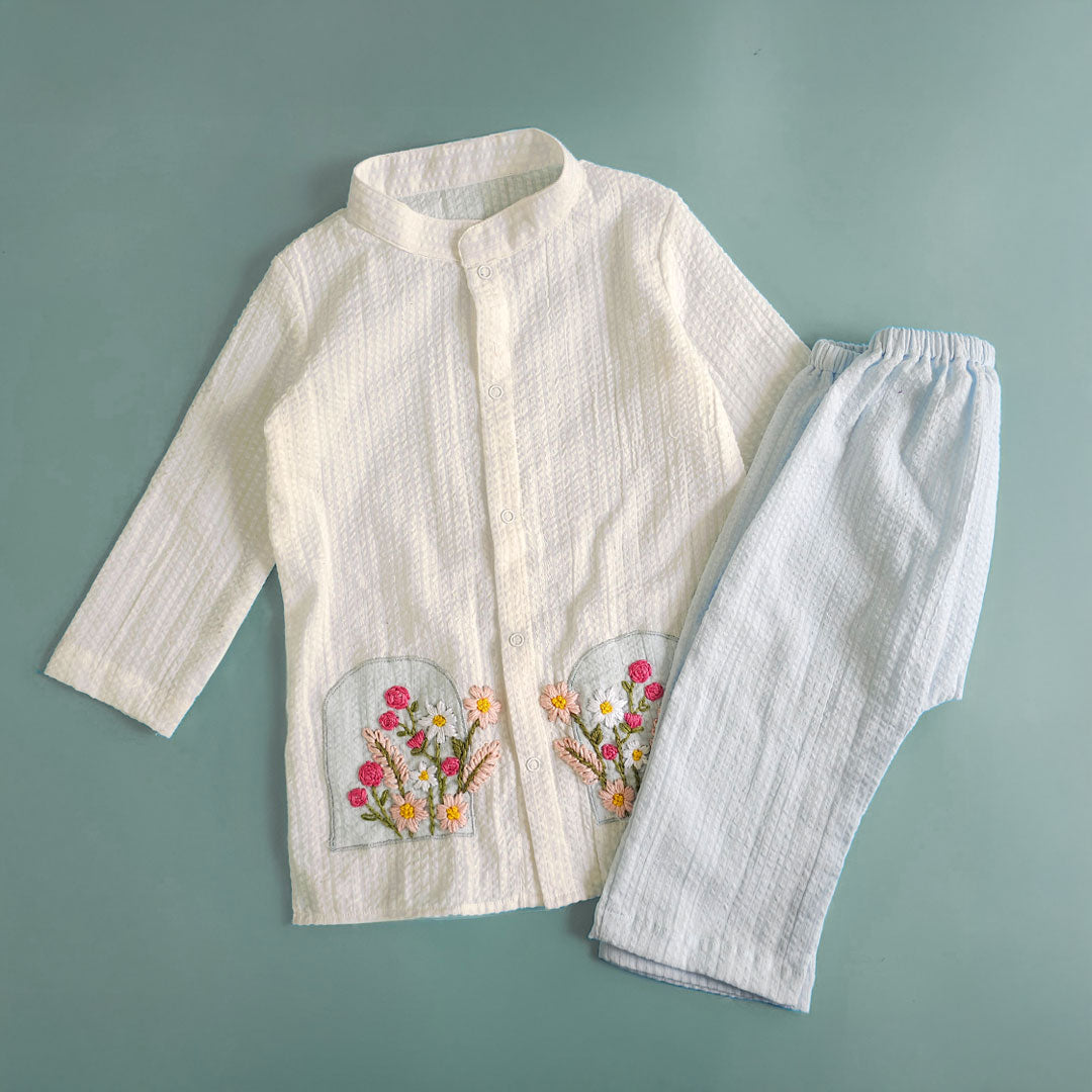 Keebee Organic Cotton Embroidered Light Blue Kurta and White Pajama Pants Set - Bloom in Window