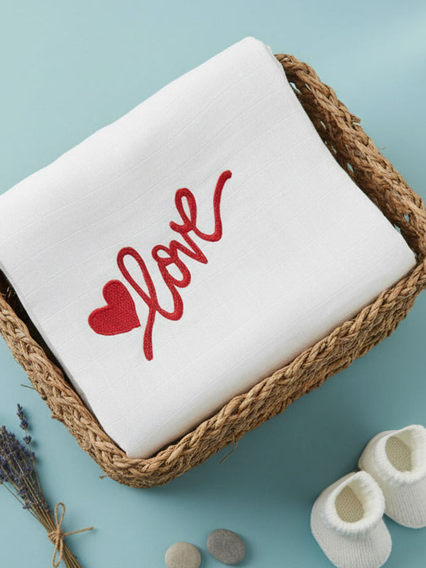 Embroidered White Swaddle/Towel - Heart Full of Love