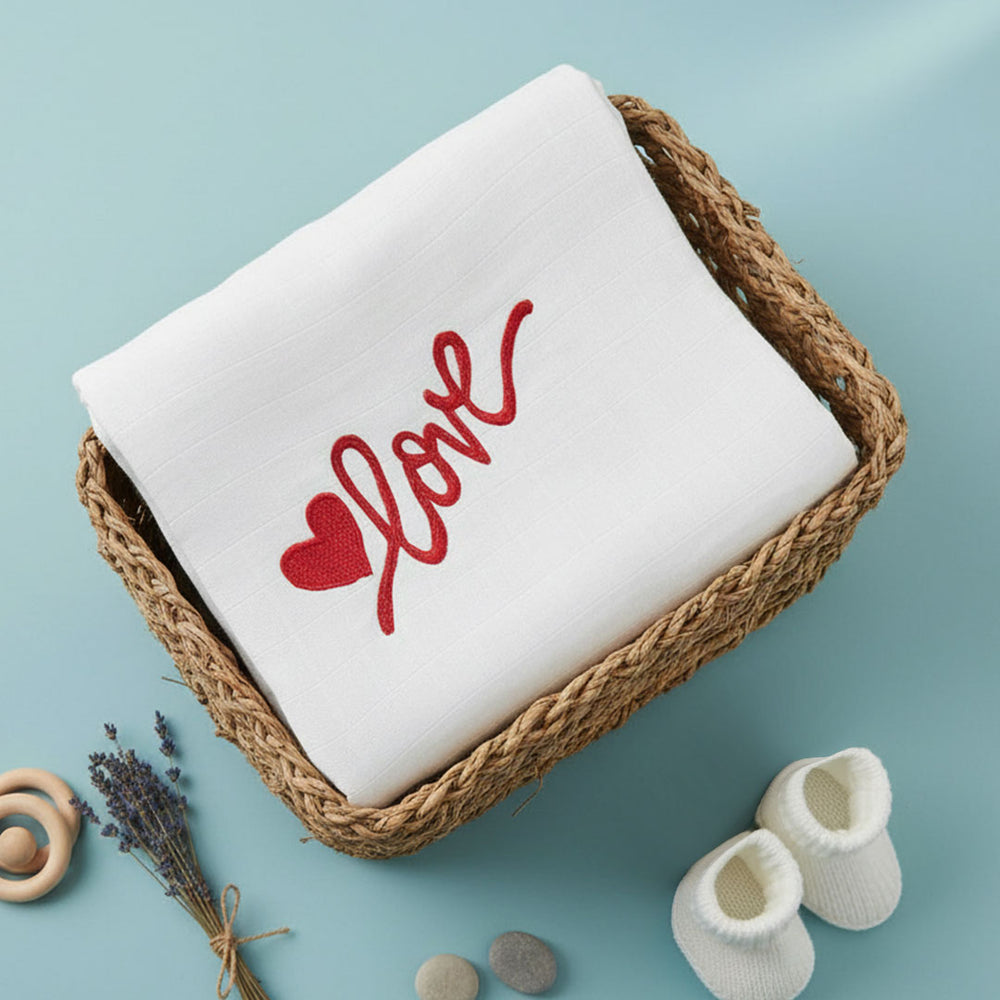 Embroidered White Swaddle/Towel - Heart Full of Love