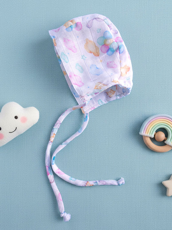 Muslin Printed White Baby Bonnet - Bunny with Balloons