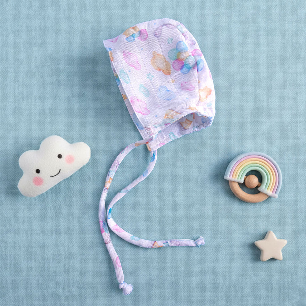Muslin Printed White Baby Bonnet - Bunny with Balloons